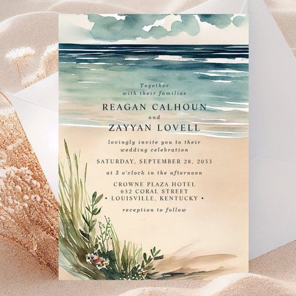 Wedding Invitation Featuring A Watercolor Painting Of An Ocean Beach Scene. The Names Reagan Calhoun And Zayyan Lovell Are Prominently Displayed.