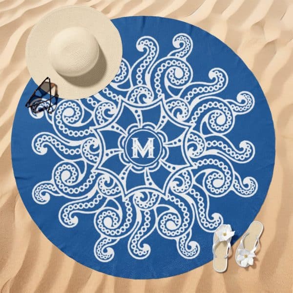 Blue Round Beach Towel With A White Mandala Design And A Monogram.