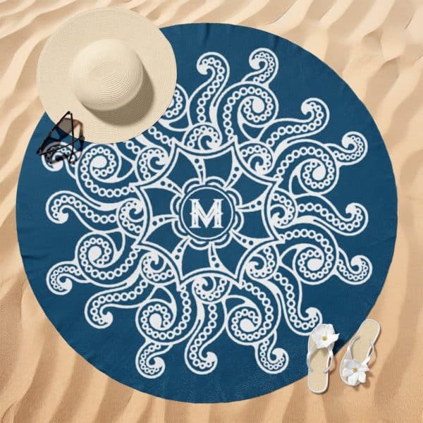 Round Beach Towel, Dark Blue With A White Mandala Design And A Monogram.