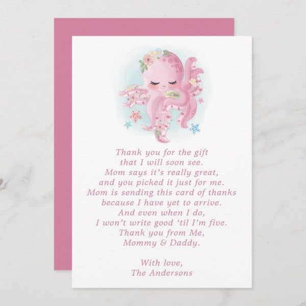 Pink Thank You Card Featuring A Cute Pink Octopus With Flowers In Its Hair.