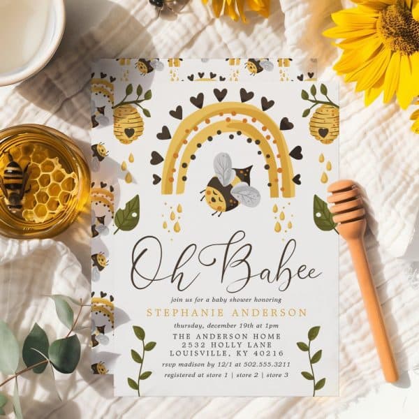 Baby Shower Invitation Featuring A Cute Bee And Rainbow Design.