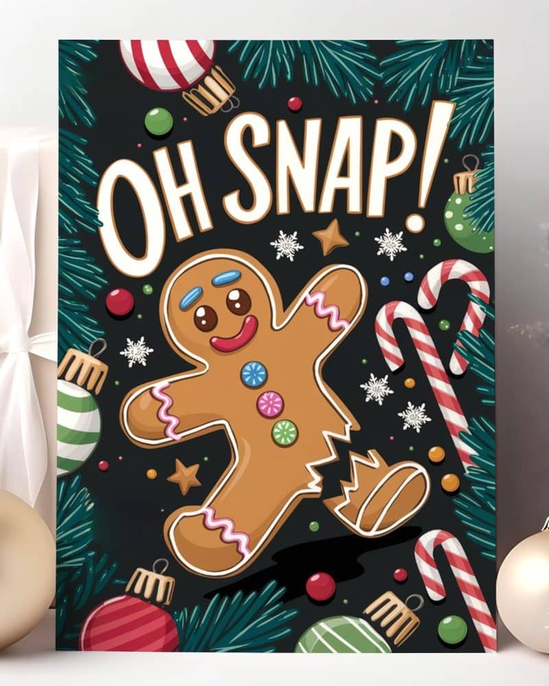 Broken gingerbread man surrounded by Christmas decorations and the text Oh Snap.