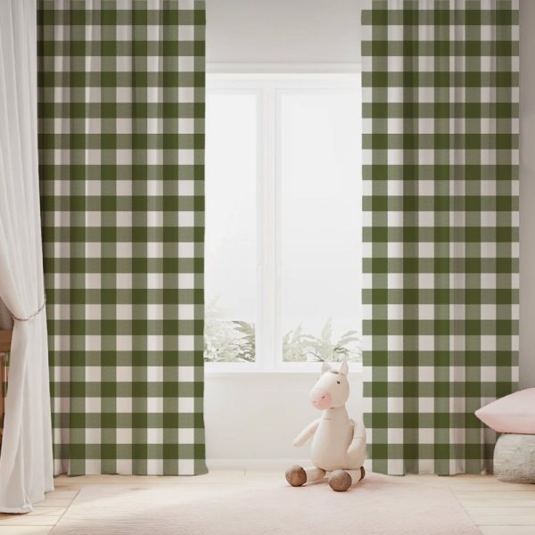 Olive Green And White Gingham Patterned Curtains.