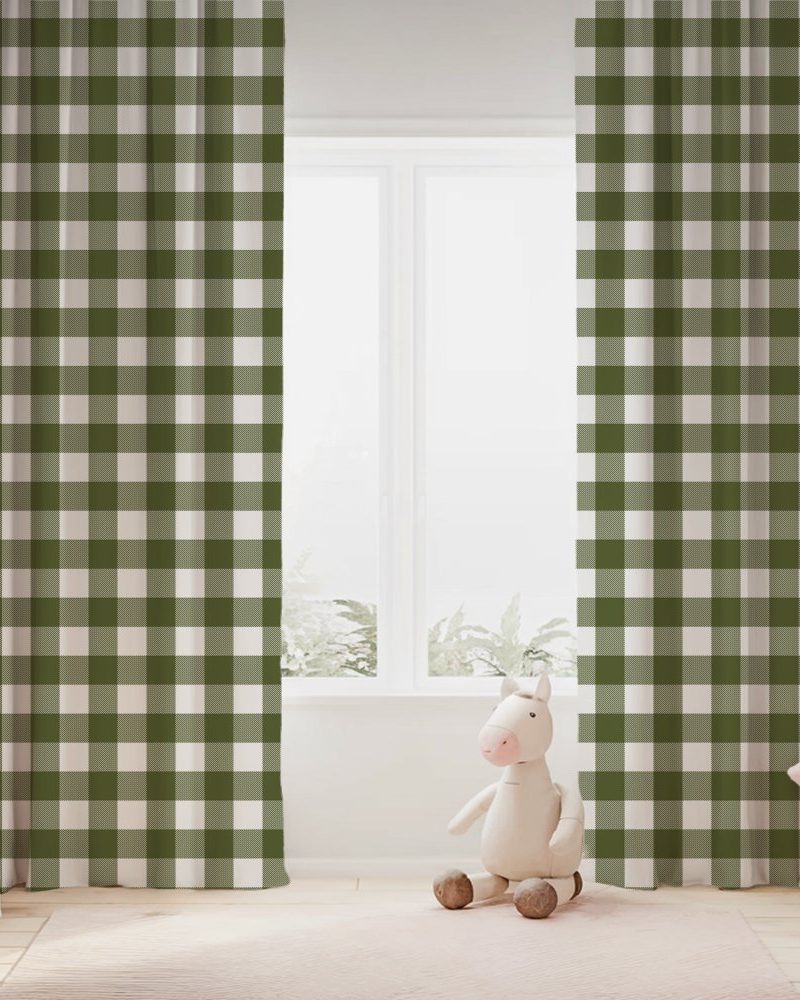 Olive green and white gingham patterned curtains.