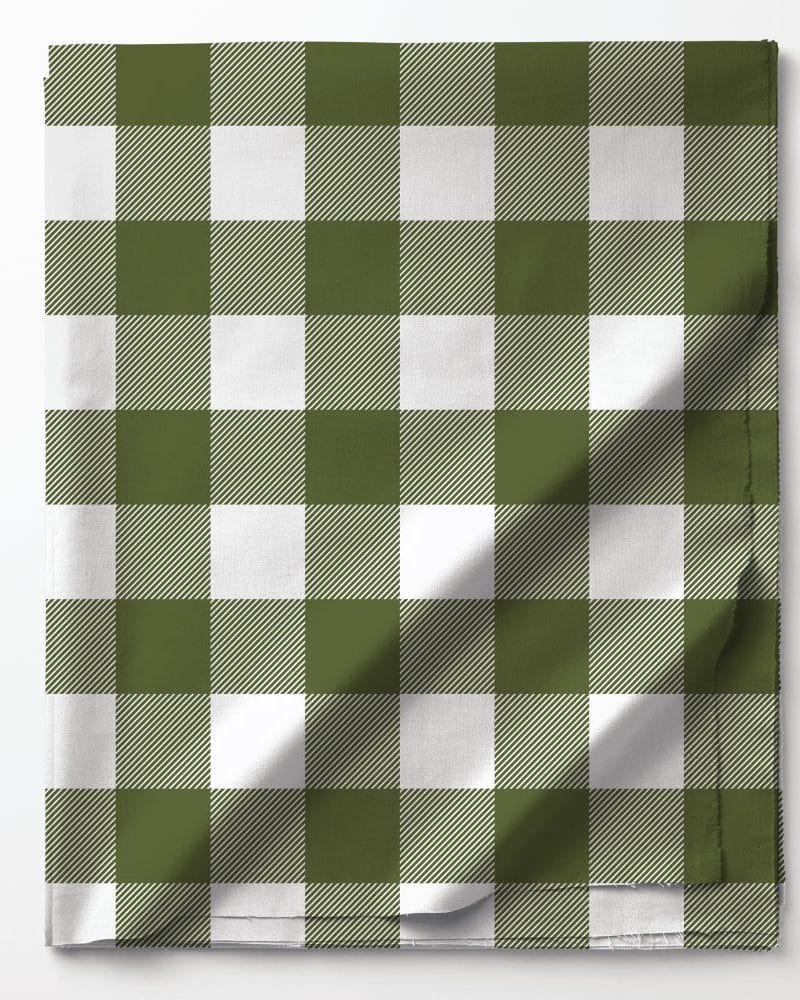 Olive green and white gingham fabric.