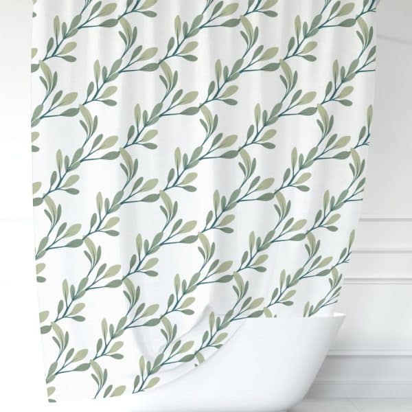 Shower Curtain With A Repeating Pattern Of Green Leaves On A White Background.