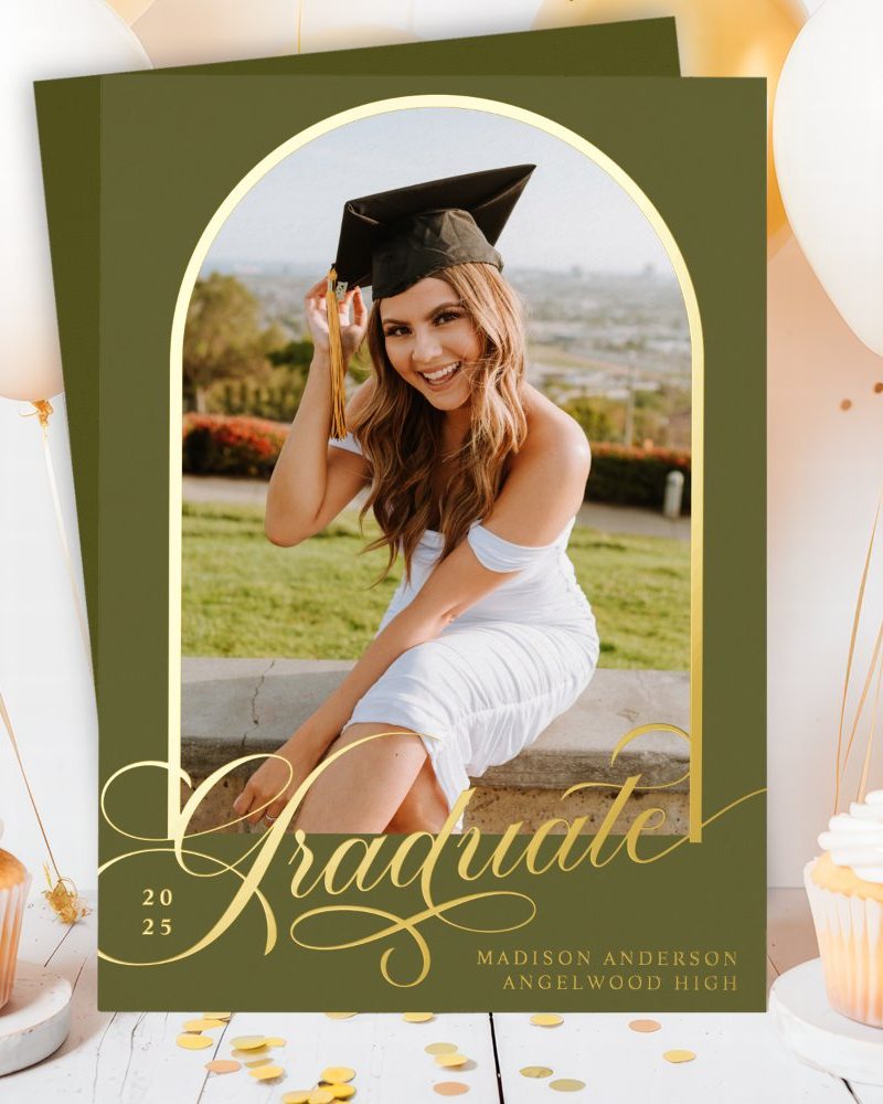 Graduation announcement featuring a photo of Madison Anderson, an Angelwood High graduate, in her cap and gown.