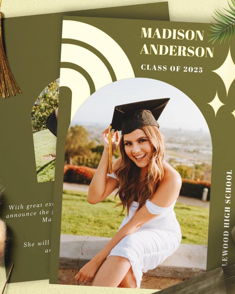 Graduation announcement featuring a photo of Madison Anderson in a cap and gown.