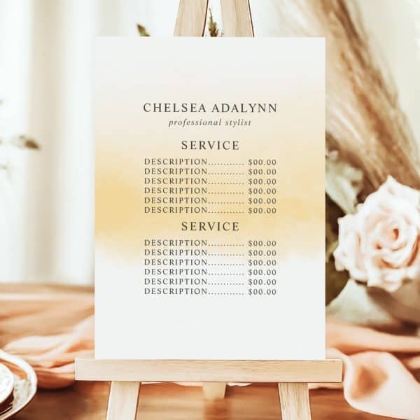 A Price List For Chelsea Adalynn, A Professional Stylist, Displayed On A Small Easel.