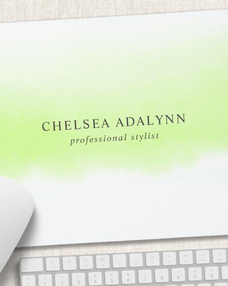 Mousepad with light green watercolor design and Chelsea Adalynn professional stylist text.