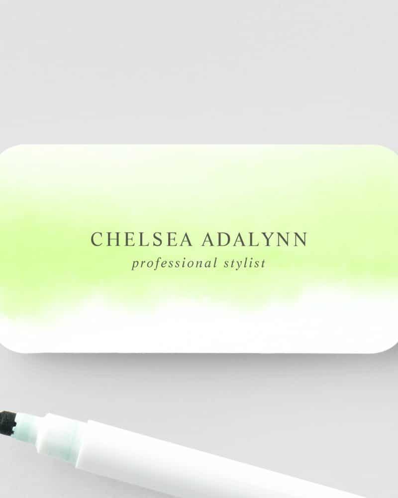A pale green business card with rounded corners featuring the name Chelsea Adalynn and the title professional stylist.