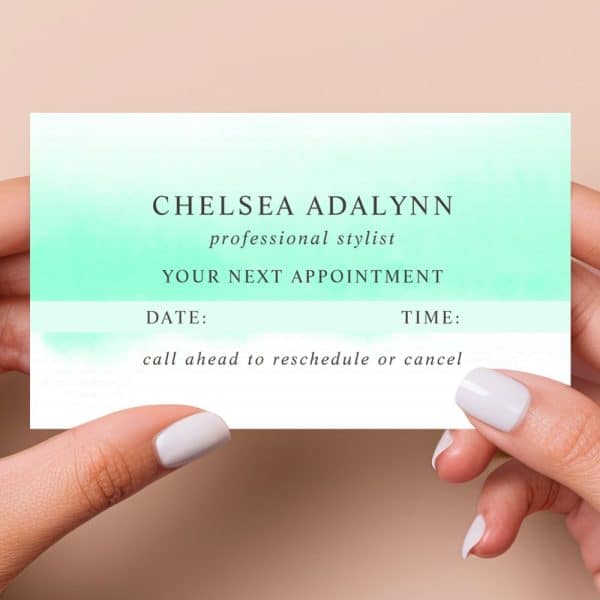 Appointment Card For Chelsea Adalynn, Professional Stylist. The Card Has A Light Teal Watercolor Background.