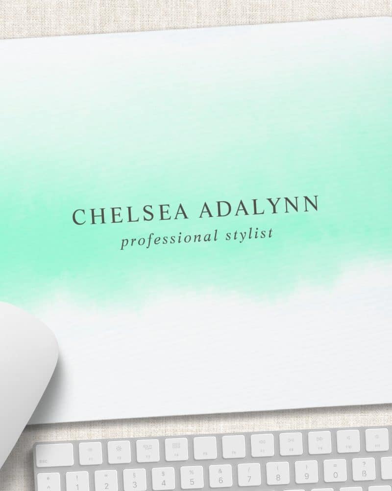 Mint green watercolor mousepad with Chelsea Adalynn professional stylist text.