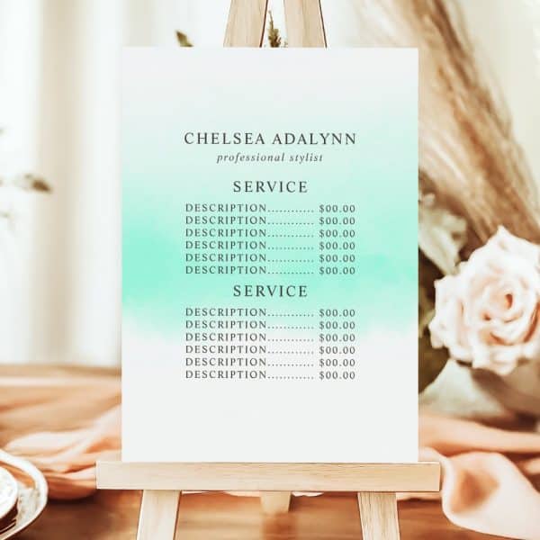 A Teal And White Price List For Chelsea Adalyyn, Professional Stylist, Displays Services And Prices.