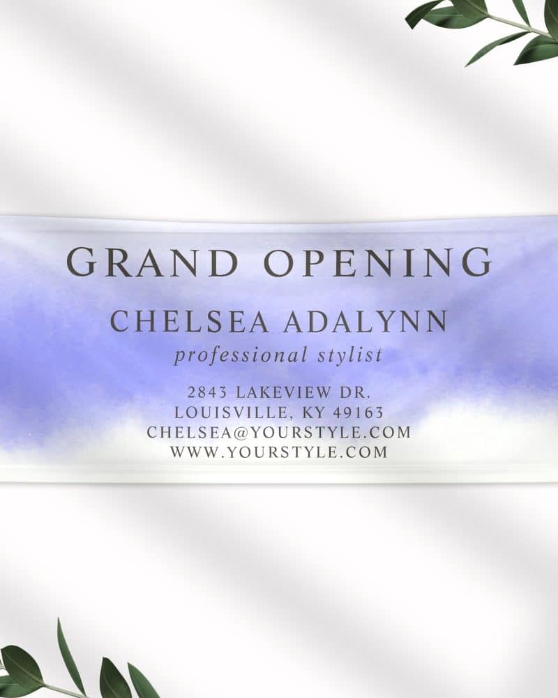 Grand opening banner for Chelsea Adalynn, professional stylist. Includes address and website.