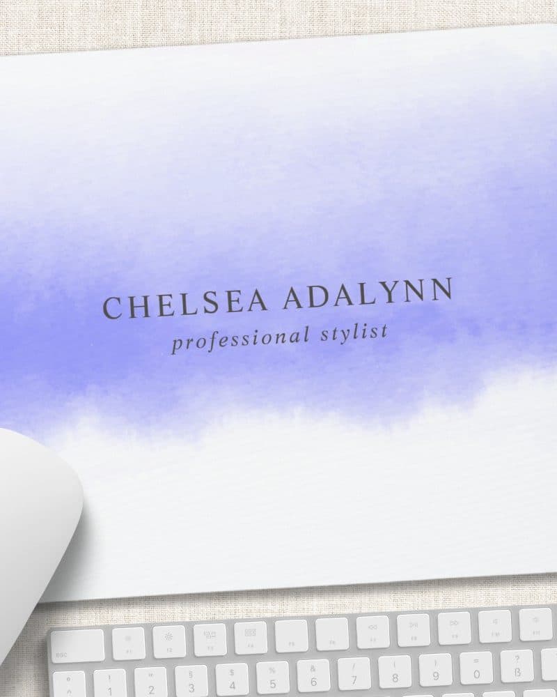 Lavender watercolor mousepad with Chelsea Adalynn professional stylist text.