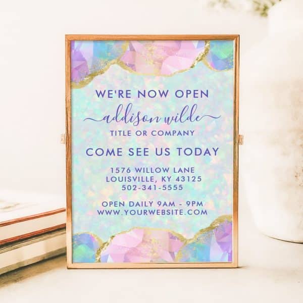 Grand Opening Announcement For Addison Wilde, Featuring Pastel Gemstone Design. Includes Address, Phone Number, And Website.