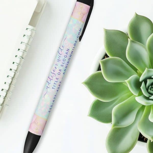 Custom Pen With Pastel Design And Contact Information.