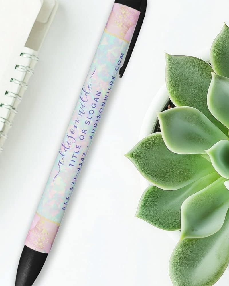 Custom pen with pastel design and contact information.