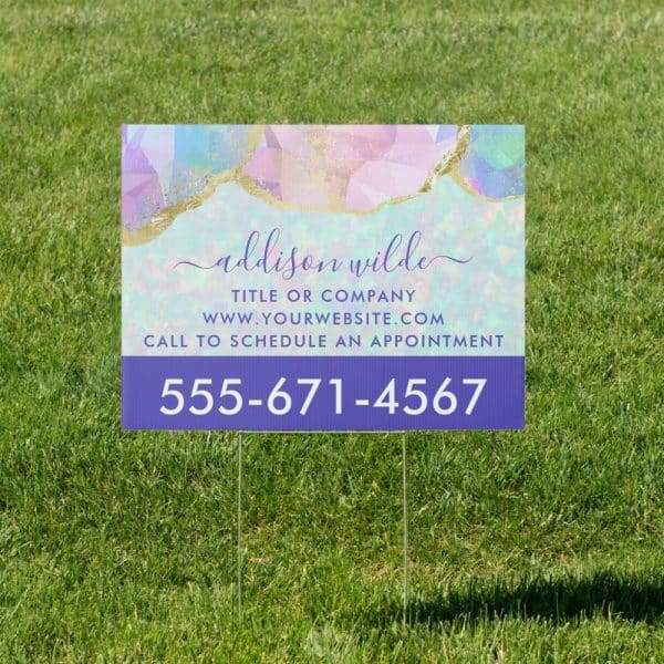 Yard Sign With Pastel Geometric Design, Addison Wilde'S Name, Website, And Phone Number.
