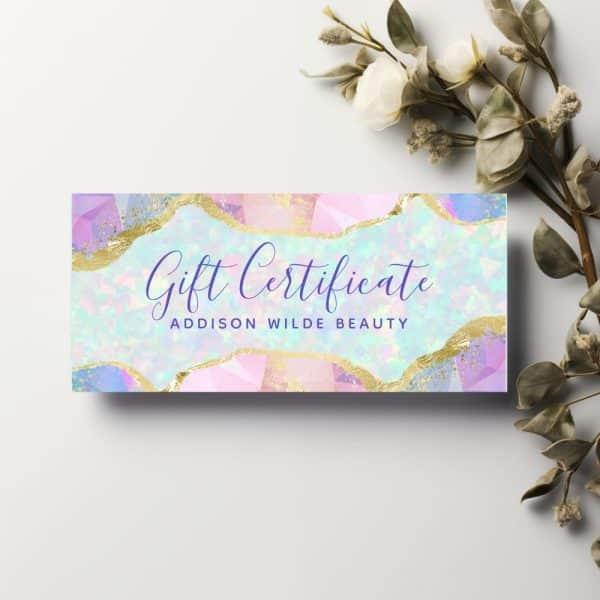 Gift Certificate For Addison Wilde Beauty, Featuring A Pastel Design With Gold Accents.