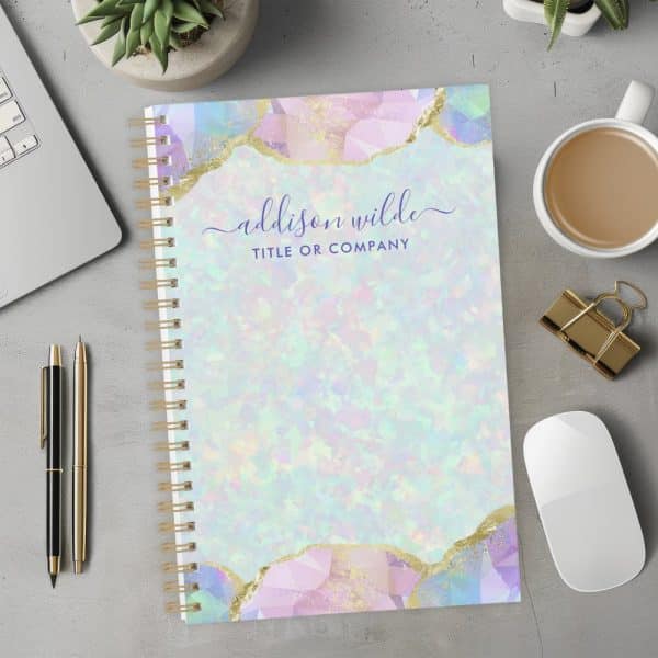 Spiral-Bound Notebook With Pastel Opal Design And Gold Accents; Personalized With A Name And Title.
