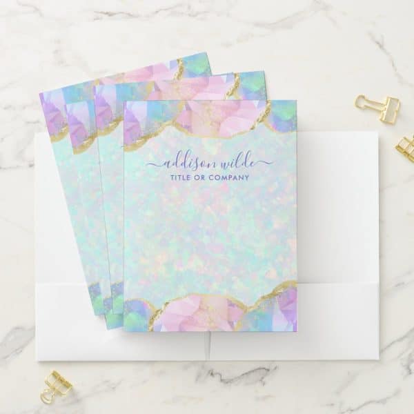 Pastel Rainbow Colored Gemstone Design Stationery With Gold Accents And A Name And Title.