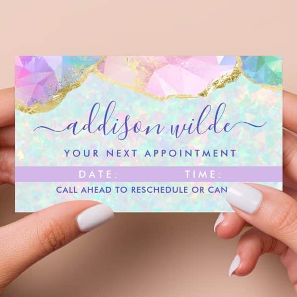 Appointment Reminder Card For Addison Wilde, Featuring A Pastel Iridescent And Gold Design.