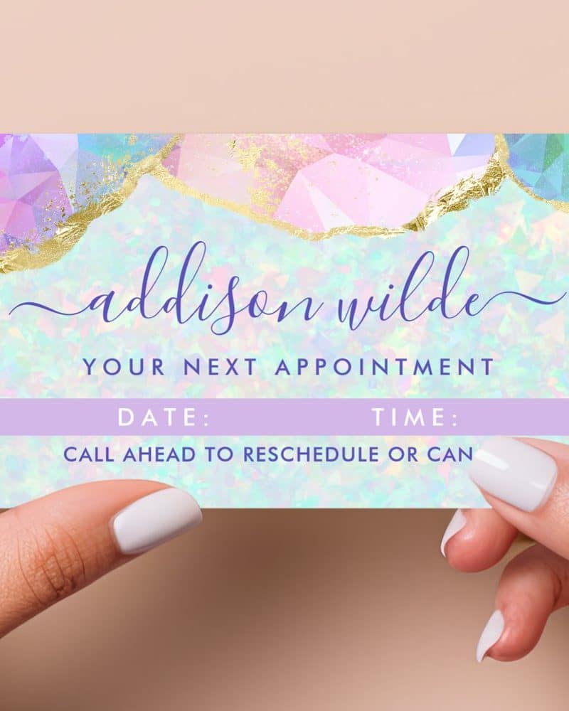 Appointment reminder card for Addison Wilde, featuring a pastel iridescent and gold design.