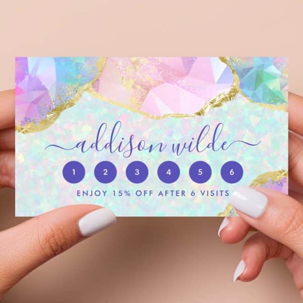 Pastel Pink And Blue Loyalty Card For Addison Wilde With Six Circles To Punch And A 15% Off Reward After Six Visits.