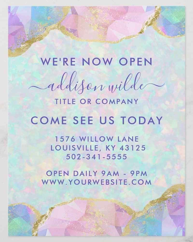 Grand opening announcement for Addison Wilde, located at 1576 Willow Lane, Louisville, KY. Business hours are 9am to 9pm daily. Website address included.