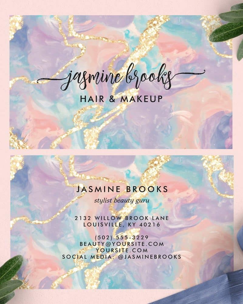 Two business cards for Jasmine Brooks, hair and makeup stylist, featuring a pastel marble design with gold accents.
