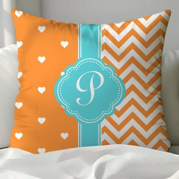 Orange And Teal Pillow With White Hearts And Chevron Pattern, Featuring A Teal Monogram P.