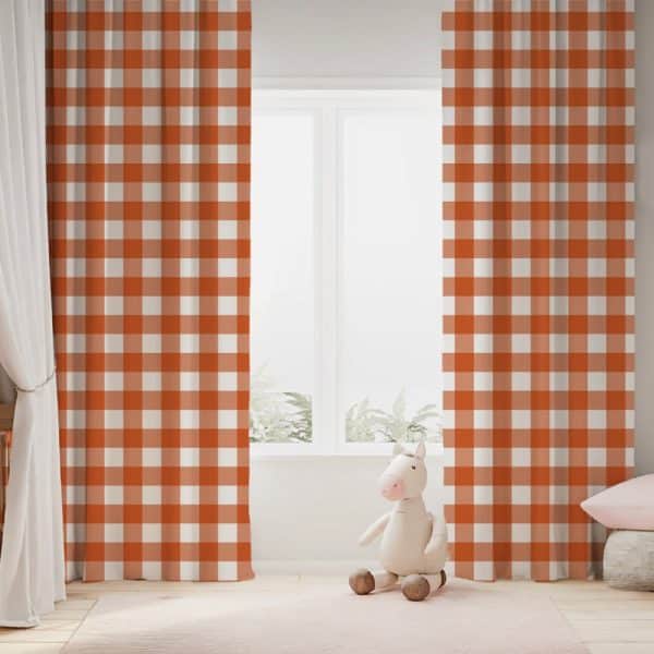 Pair Of Burnt Orange And White Gingham Curtains.