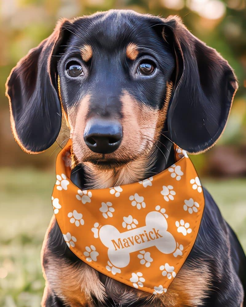 A dachshund puppy wearing an orange bandana with white paw prints and a bone-shaped name tag that says Maverick.