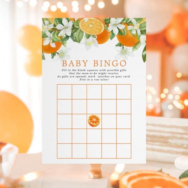 Orange Blossom Baby Shower Bingo Card.