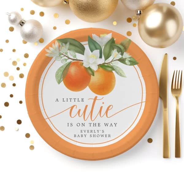Orange Baby Shower Plate With Oranges And Flowers. A Little Cutie Is On The Way, Everly'S Baby Shower.