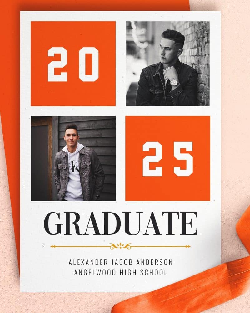 Graduation announcement featuring two photos of Alexander Jacob Anderson, Angelwood High School graduate, class of 2025.