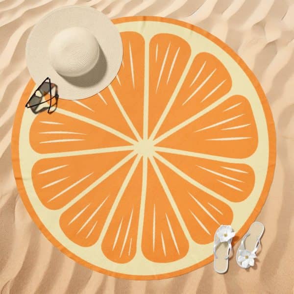 Round Beach Towel Depicting A Stylized Orange Slice.