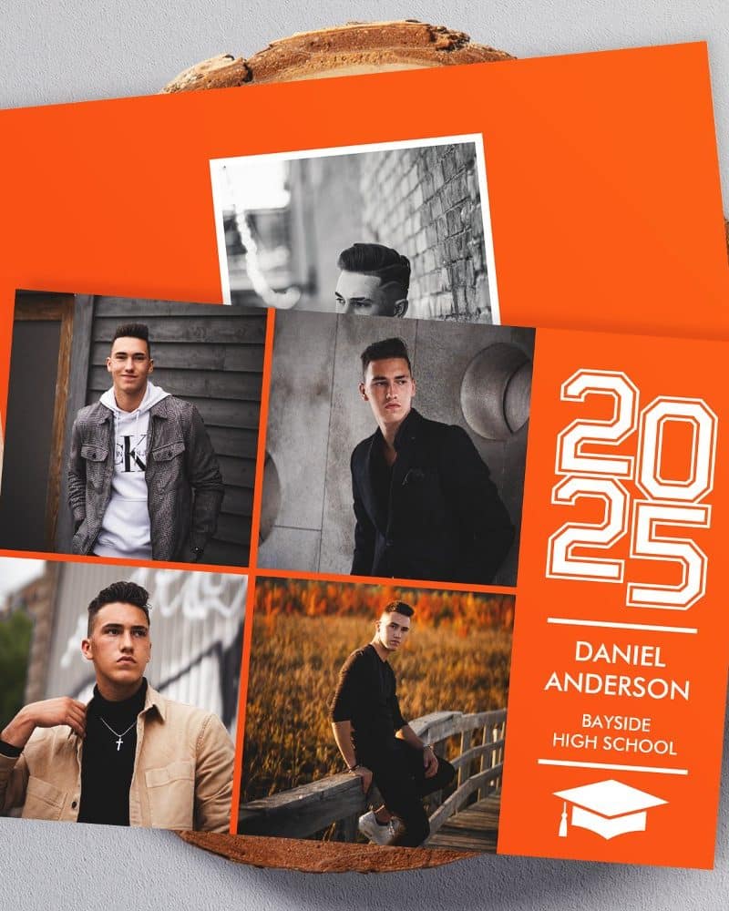 Orange graduation announcement with photos of Daniel Anderson, Bayside High School class of 2025.