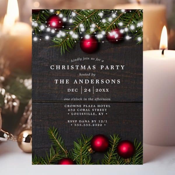 Christmas Party Invitation From The Andersons, December 24Th, At The Crowne Plaza Hotel In Louisville, Kentucky. The Invitation Features Ornaments And Evergreen Boughs.
