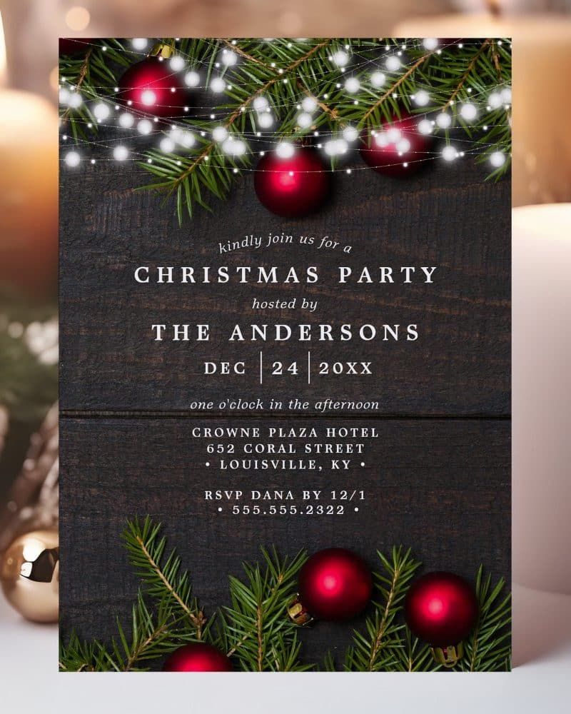 Christmas party invitation from the Andersons, December 24th, at the Crowne Plaza Hotel in Louisville, Kentucky. The invitation features ornaments and evergreen boughs.
