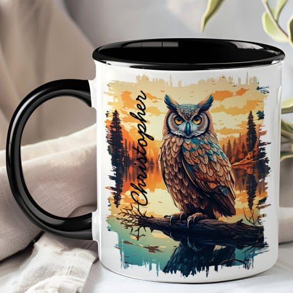 Black-Handled Mug With A Personalized Name, Christopher, And An Illustration Of An Owl Perched On A Branch At Sunset.