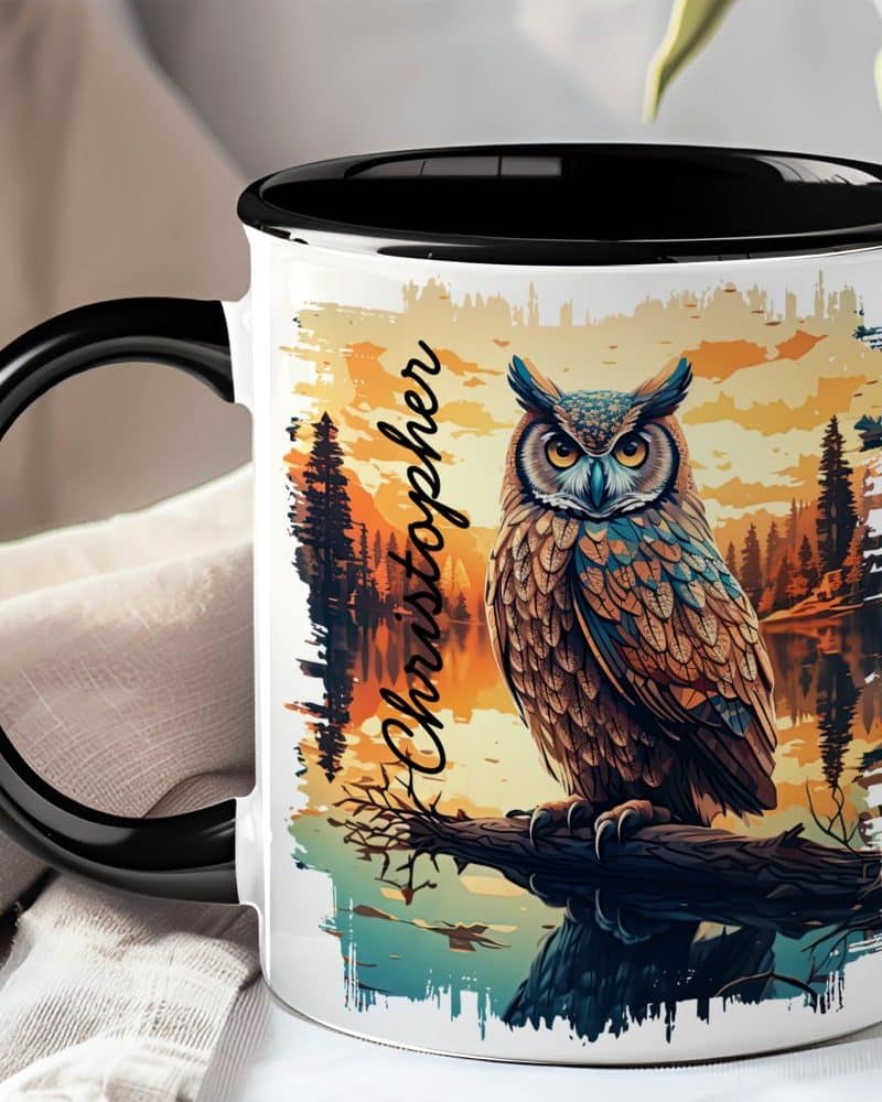 Black-handled mug with a personalized name, Christopher, and an illustration of an owl perched on a branch at sunset.