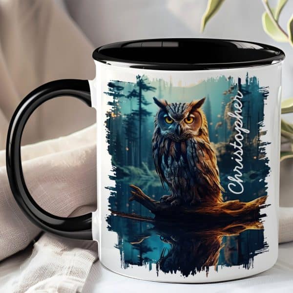 Black-Handled Mug With A Personalized Design: An Owl Perched On A Branch Reflected In Water, Set Against A Dark Forest Background.