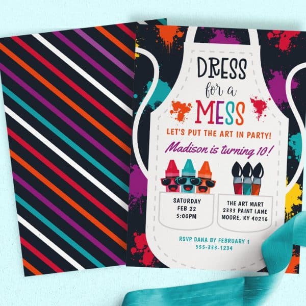 An Invitation To Madison'S 10Th Birthday Party, Themed &Quot;Dress For A Mess,&Quot; Features Colorful Paint Splatters And Art Supplies.