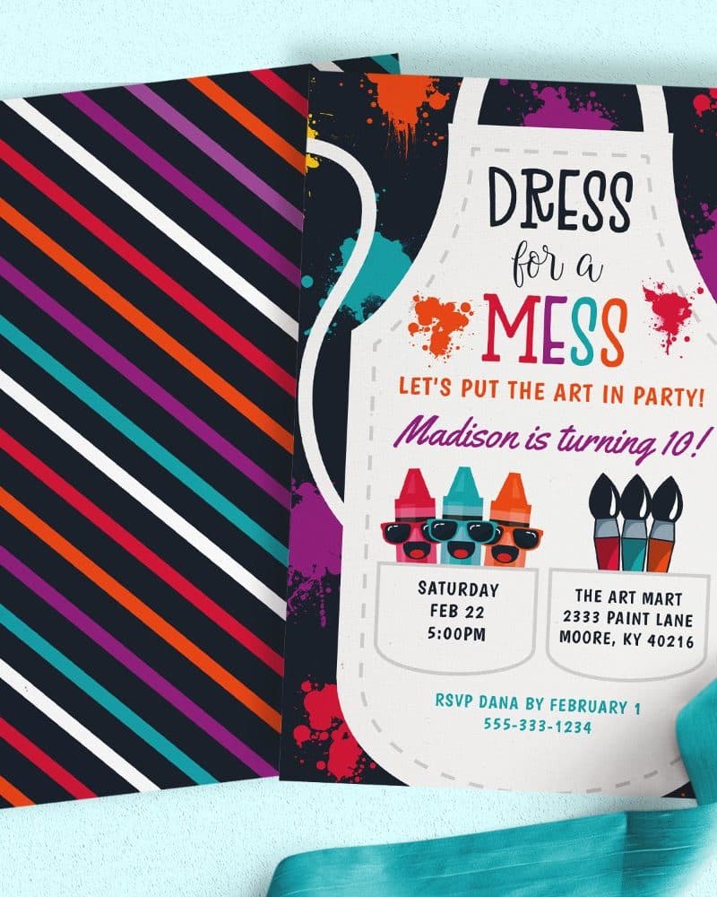 An invitation to Madison's 10th birthday party, themed "Dress for a Mess," features colorful paint splatters and art supplies.