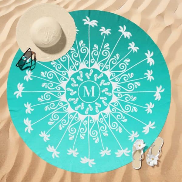 Teal Round Beach Towel With A Mandala Design Featuring Palm Trees, Flip-Flops, And A Monogram.