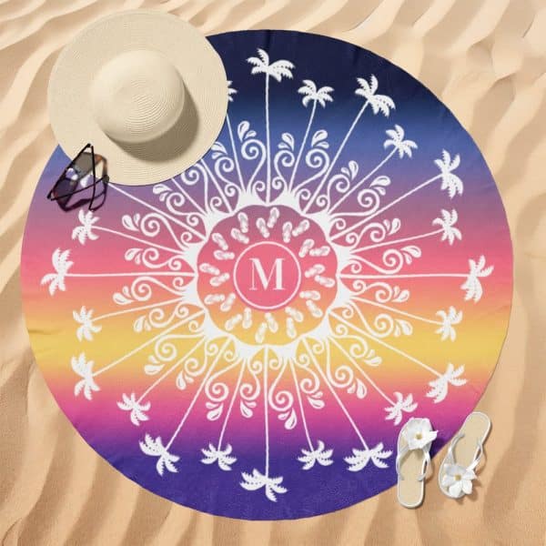 Round Beach Towel With A Colorful Ombre Design, Featuring Palm Trees, Flip-Flops, And A Monogram In The Center.