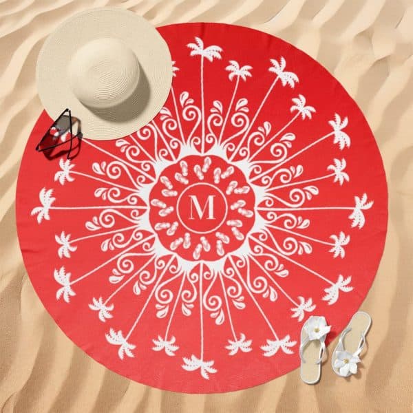 Red Round Beach Towel With A White Mandala Design Featuring Palm Trees And Flip-Flops, And A Central Monogram.